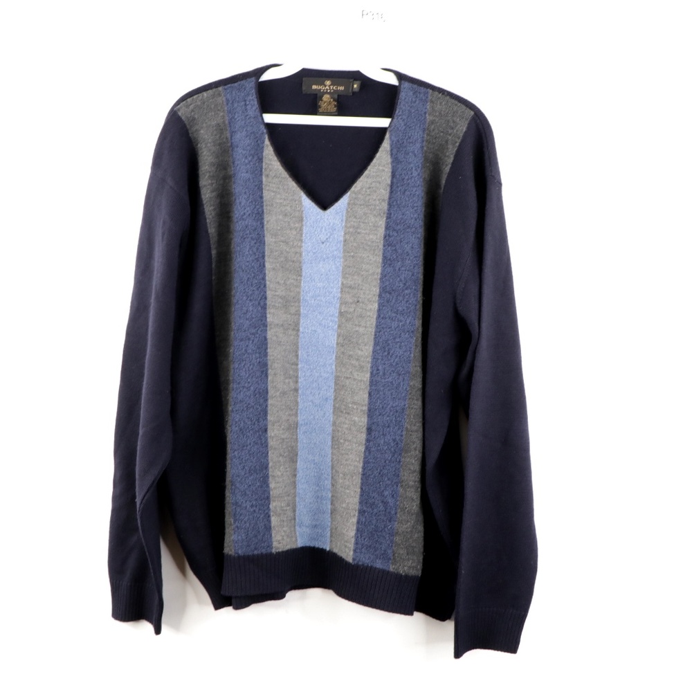 Bugatchi Uomo V Neck Striped Sweater Blue